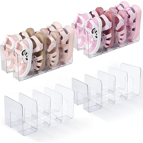 4PACK Clear Acrylic Kids Shoe Rack for Closet Organizers and Storage, Small Clear Shoe Rack 4 Sections Toddler Baby Shoe Storage Organizer Stackable Shoe Shelf,Desk File Sorter Book Purse Organizer