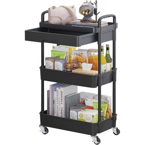 Calmootey 3-Tier Rolling Utility Cart with Drawer,Multifunctional Storage Organizer with Plastic Shelf & Metal Wheels,Storage Cart for Kitchen,Bathroom,Living Room,Office,Black