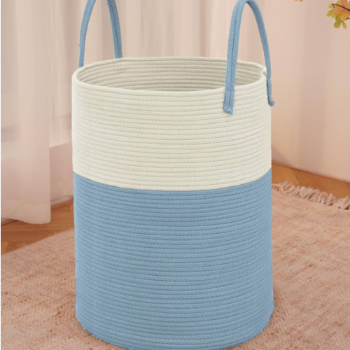 Large Woven Laundry Basket Hamper,60L Cotton Rope Storage Bin for Blankets,Toys and Clothes,Decorative Tall Nursery Hamper for Living Room,Baby Nursery,Bathroom and Bedroom,White and Blue