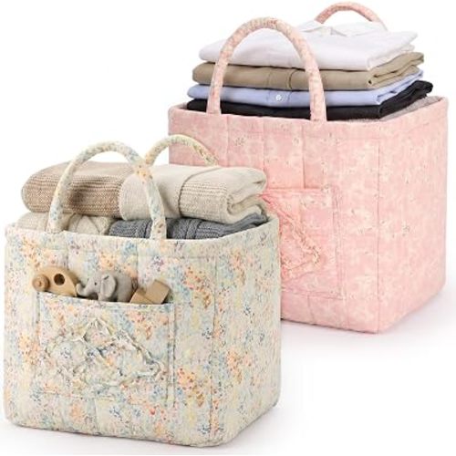 2 Pcs Quilted Fabric Storage Basket with Handles 13"x11"x10.6" Boho Foldable Floral Laundry Organizer Bin for Home Picnic Shopping Travel(Ruffle & Multicolor Floral)