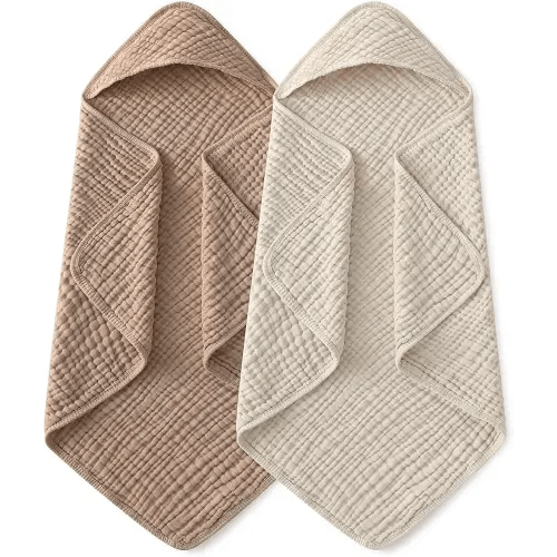 Yoofoss Hooded Baby Towels for Newborn 2 Pack 100% Muslin Organic Cotton Baby Bath Towel with Hood for Babies, Infant, Toddler and Kids, 32x32Inch, Soft and Absorbent Newborn Essential, Beige&Coffee