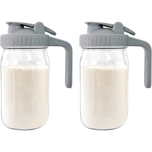 Breast Milk Pitcher, 32 oz Wide Mouth Glass Mason Jar | Dual Leak-Proof Lid, easy-pour spout, handle design for Breastmilk storage, iced tea and cold beverages
