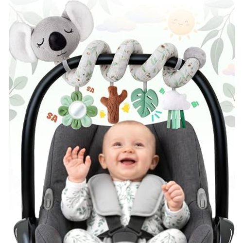 Stuffed Aesthetic Koala Spiral Car Seat Toys for Babies, Gender Neutral Infant Stroller Toy with Teether Hanging, Baby Registry Search Must Haves 0-6 Months