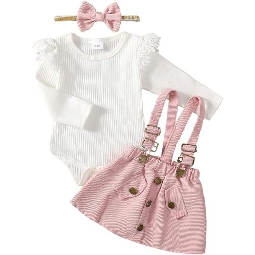 Kucnuzki Newborn Baby Girl Clothes Toddler Long Sleeve Ruffle Romper Top Infant Skirt Set Little Girl Overall Dress