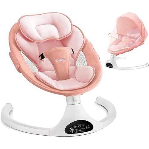 LAREX Baby Swing for Infants | Electric Bouncer for Babies,Portable Swing for Baby Boy Girl,Remote Control Indoor Baby Rocker with 5 Sway Speeds,1 Seat Positions,10 Music and Bluetooth (Pink)