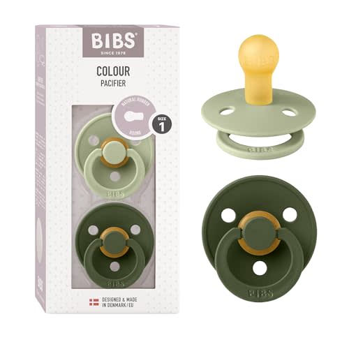 BIBS Colour Baby Pacifier 2-Pack | Made in Denmark | BPA Free Dummy Soother, Round Nipple. Natural Rubber Latex, Size 1 (0-6 Months), Sage/Hunter Green