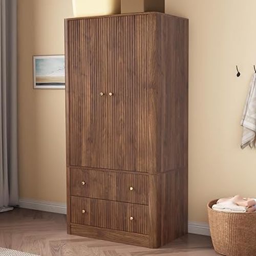 Wardrobe Closet, Freestanding Closet Wardrobe Cabinet with Wide Drawers & Hanging Rod, Modern Armoire Storage Cabinet for Living Room, Bedroom, Laundry Room (Walnut)