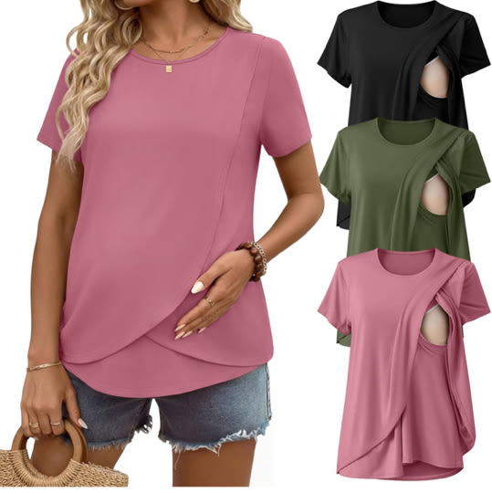 Ekouaer Nursing Shirts 3 Packs Short Sleeve Breastfeeding Tops Summer Maternity T Shirts Postpartum Double Layer Clothes