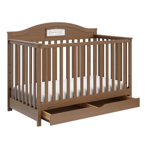 Graco Story 5-in-1 Convertible Crib with Drawer – GREENGUARD Gold Certified Wood Crib, Converts to Toddler Bed, Daybed, Full-Size Bed, Nursery Storage Drawer, Reversible Headboard (Hazelnut)