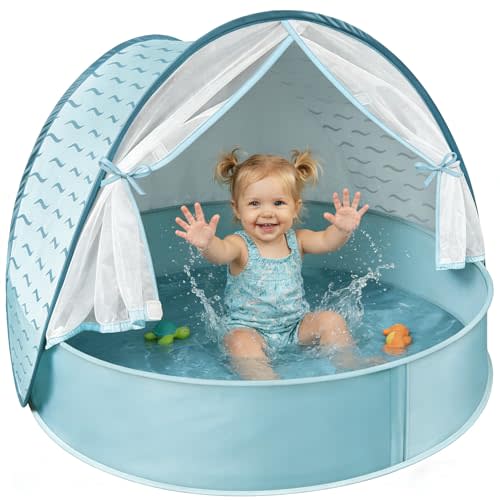 Baby Beach Tent with Pool, 3-in-1 Upgrade Pop Up UPF 50+ Sun Protection Shelter with Mosquito Net Babies Toddlers Portable Outdoor Summer Essentials for Beach, Backyard, Indoor- Blue Wave