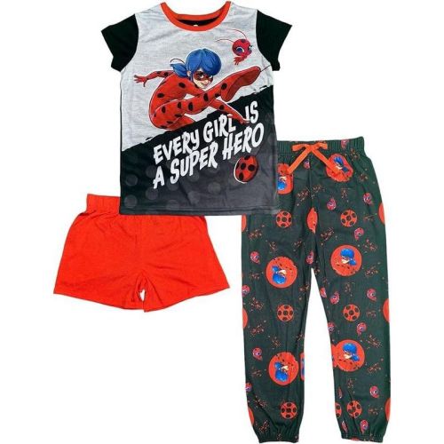 Miraculous Lady Bug Girl's "Every Girl is a Super Hero" 3-Piece Pajama Set, Black/Red, 6/6X