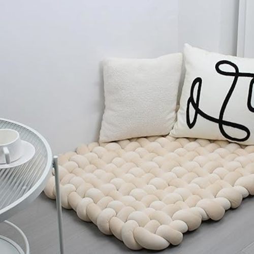 XHJRI Thickened Braided Knot Seat Mat, Knotted Floor Decorative Cushion, Handmade Baby Infant Playing Pad Nursery Rug (27.5 * 31.5 Inch,Light Khaki)