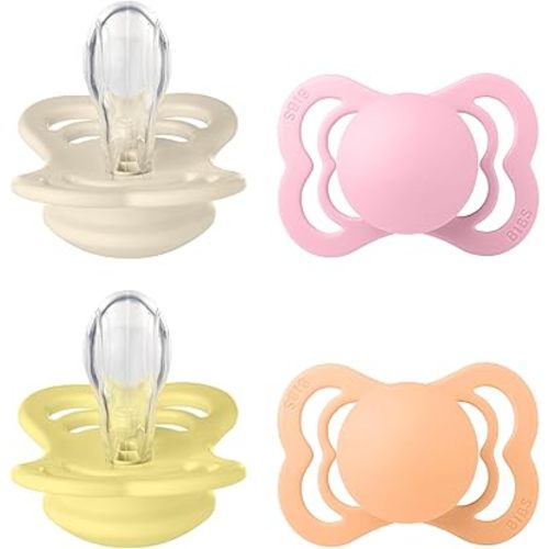 BIBS Supreme Pacifier 4-Pack, BPA Free Dummy Pacifier, Symmetrical Nipple. Silicone, Made in Denmark, Size 1 (0-6 Months), Sunshine Mix