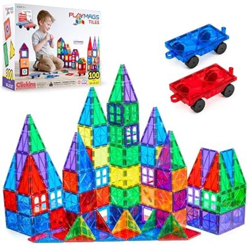 Playmags Magnetic Tiles for Kids 100-Piece Set, STEM Educational Building Blocks Toys for Kids, Includes Click-in ABC Learning Tiles, Gift for Boys & Girls, Add on Magnetic Figures, Car Set Available