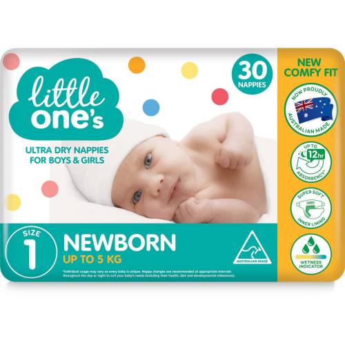 Little One's Size 1 Ultra Dry Nappies Newborn Up To 5Kg Boys & Girls 30 pack