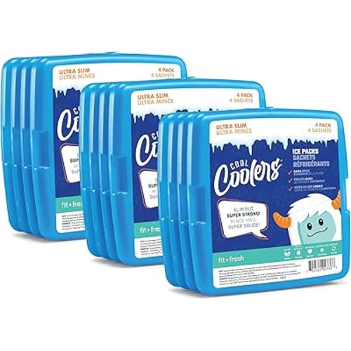 Cool Coolers By Fit & Fresh 12 Pack Slim Ice Packs, Quick Freeze Space Saving Reusable Ice Packs for Lunch Boxes or Coolers, Clear Blue Kids Ice,12 Pack
