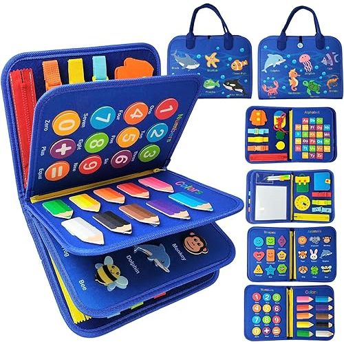 Busy Board Montessori Toy for 1 2 3 4 Year Old Toddler Boys & Girls - Sensory Board with Preschool Educational Activities for Learning Fine Motor Skills - Travel Toys for Airplane and Car