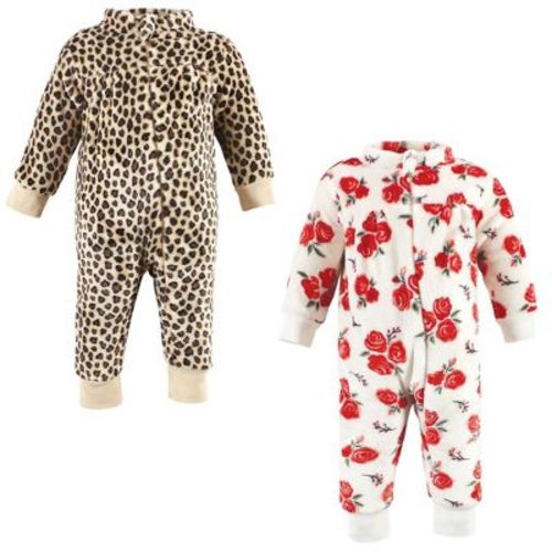 Hudson Baby Infant Girl Plush Jumpsuits, Red Rose Leopard, 0-3 Months