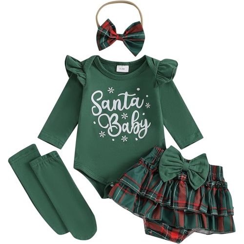 FYBITBO Newborn Baby Girl Christmas Outfits Cute Letter Romper Ruffle Plaid Skirt Dress Infant Christmas Outfit Clothes Set