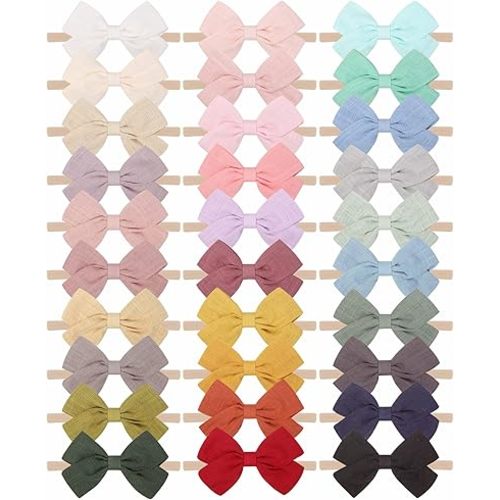 jollybows 30pcs Baby Girls Nylon Hair Bows Headbands Linen Bands Elastic Accessories for Kids Infants Newborn (3-30 PCS Solid Linen)