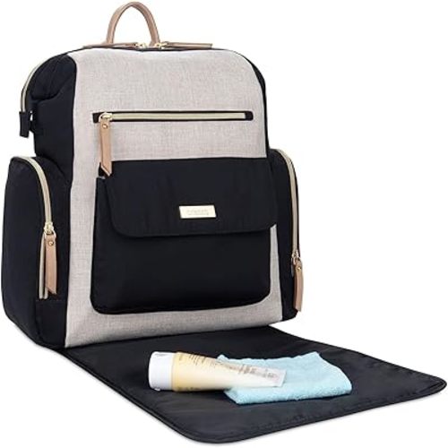 Baby Brezza Martine Baby Diaper Bag Backpack – Stylish, Modern Design – Large Capacity fits Everything for Your Day, Perfect for 1 Baby or Twins, Black and Tan