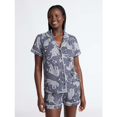 Joyspun Women’s Dreamy Soft Collection Notch Collar Knit Top and Boxer Shorts Pajama Set, Sizes XS-3X