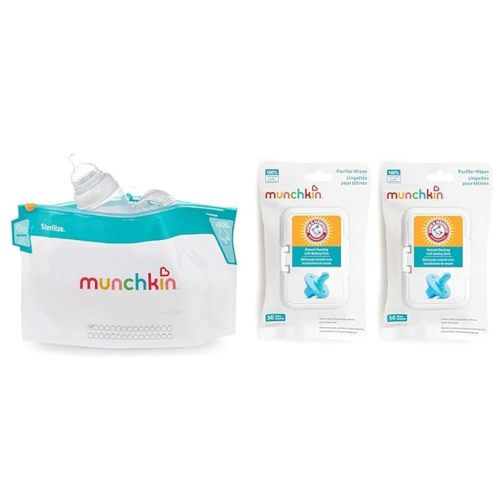 Munchkin Sterilize Microwave Steam Bags 6 Pack, Arm & Hammer Pacifier Wipes 2 Pack 72 Count - Bags + 72 Wipes