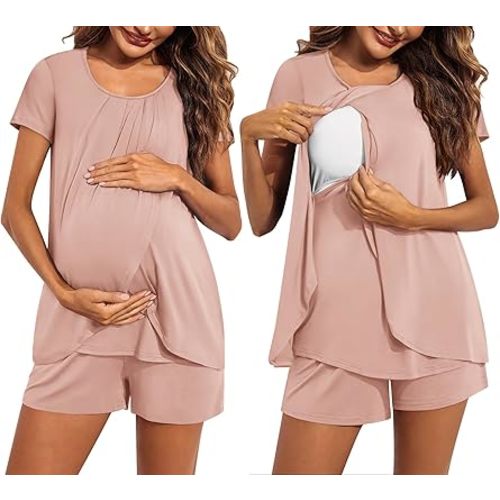 Ekouaer Women's Maternity Nursing Pajamas Set Breastfeeding Sleepwear Double Layer Short Sleeve Top & Shorts Nursing Pjs