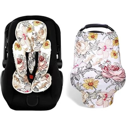 Floral Car Seat Insert,Cushion for Stroller, Swing, Bouncer, 2-in-1 Reversible,Baby Car Seat Cover Girls, Infant Carseat Canopy