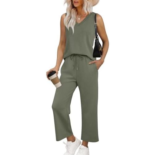 WIHOLL Two Piece Set for Women Summer Outfits Vacation Trendy Lounge Sets V Neck Matching Sets