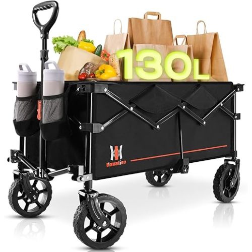 Navatiee Collapsible Folding Wagon, Wagon Cart Heavy Duty Foldable with Two Drink Holders, Utility Grocery Wagon for Camping Shopping Sports, S2, Black