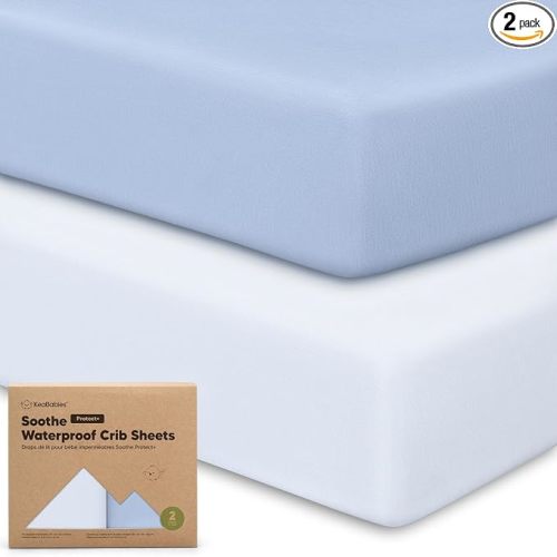 2-Pack Waterproof Crib Sheets for Boys, Girls - 52x28 Fitted Organic Cotton Baby Crib Sheets, Toddler Mattress Protector Cover, Washable, Soft & Durable Baby Bedding Essentials (Blue Flax)