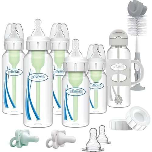 Dr. Brown's Anti-Colic Options+ Narrow Bottle Gift Set with Sippy Straw Bottle, HappyPaci Silicone Pacifiers, Storage/Travel Caps, and Bottle Brush, Green/Gray