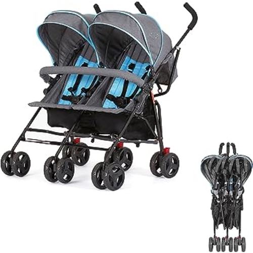 Dream On Me Volgo Twin Umbrella Stroller in Blue, Lightweight Double Stroller for Infant & Toddler, Compact Easy Fold, Large Storage Basket, Large and Adjustable Canopy