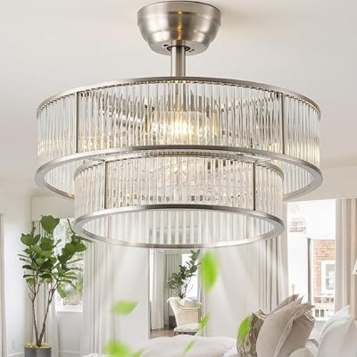 Silver Fandelier Ceiling Fans with Lights, 20" Silver Crystal Chandelier Ceiling Fan with Light Remote Control, Caged Mid Century with 6 Speeds for Bedroom, Living Room, Nursery