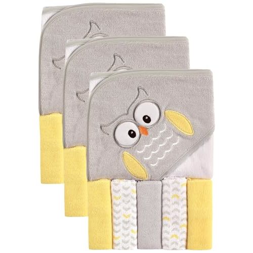 Luvable Friends Unisex Baby Hooded Towel with Five Washcloths, Owl, One Size (Pack of 3)