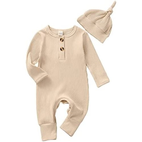 Infant Boys Girls Clothes Set Newborn Baby Romper Hat Ribbed Knit Long Sleeve Button Solid Bodysuit Jumpsuit