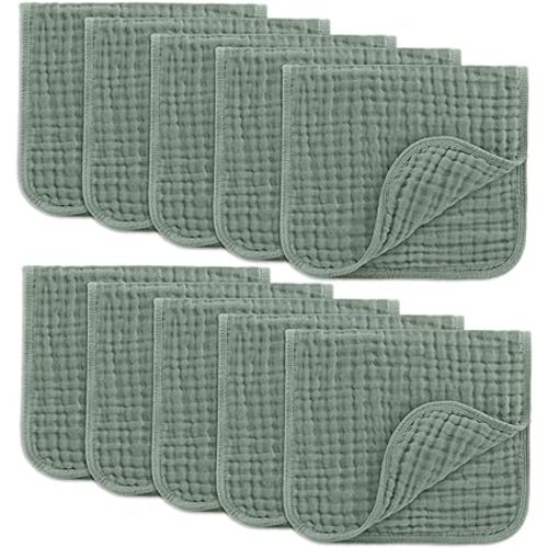 Comfy Cubs Muslin Burp Cloths 20" x 10", Pack of 10 - Large, 6-Layer, Ultra Absorbent 100% Cotton for Baby Drool and Messes - Soft, Safe & Gentle Baby Burp Cloths for Boys & Girls - Fern