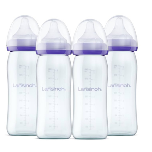 8 oz, 4 Count Lansinoh Anti-Colic Glass Baby Bottles, Bottles for Feeding, Baby Essentials, Includes 4 Medium Flow Nipples, Size M