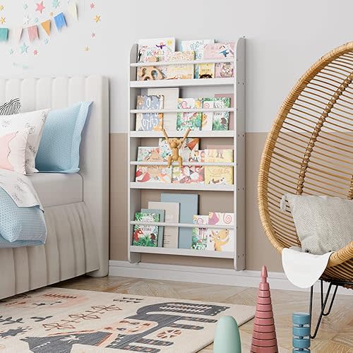 Kids Bookshelf, Wall Mount 4-Tier Book Shelf Organizer for Toys and Books, Toy Storage Bookshelf in Bedroom, Living Room and Nursery, White