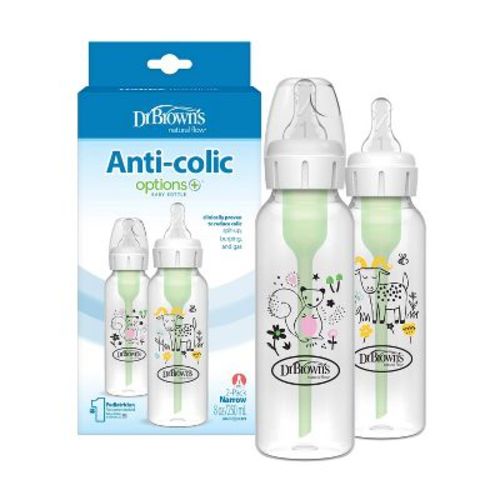 Dr. Brown's Anti-Colic Options+ Narrow-Neck Baby Bottle - Squirrel and Goat Deco - 8 fl oz/2pk