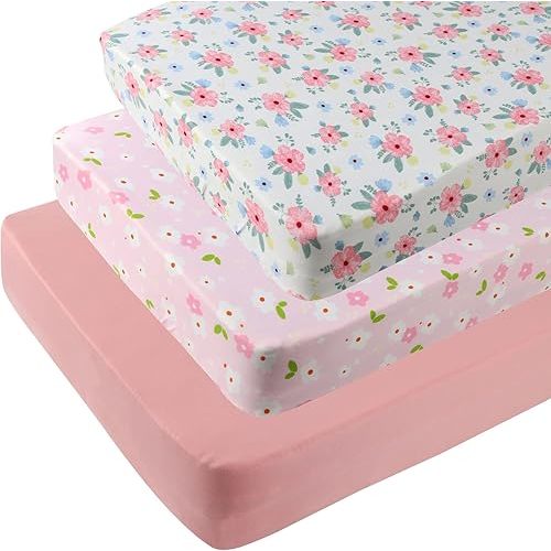 Pack n Play Sheets 3 Pack Fitted for Baby Girl, Stretchy Jersey Knitted Portable Mini Crib Sheets Playard Mattress Cover, Pink Floral