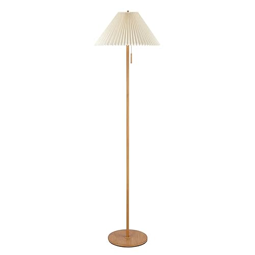 Globe Electric 61000053 62" Floor Lamp, Wood Toned, Pleated Fabric Shade, Flat Base, Pull Chain Switch on Socket, Reading Lamp, Home Office Accessories, Living Room Décor