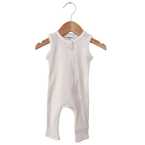 Organic Waffle Sleeveless Zip Romper, Snow