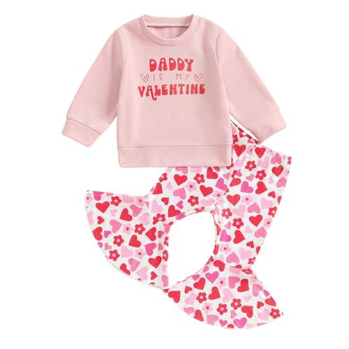 Lesimsam Toddler Baby Girl Valentines Outfits Letter Print Crewneck Sweatshirt Top Heart Print Flare Pants Set