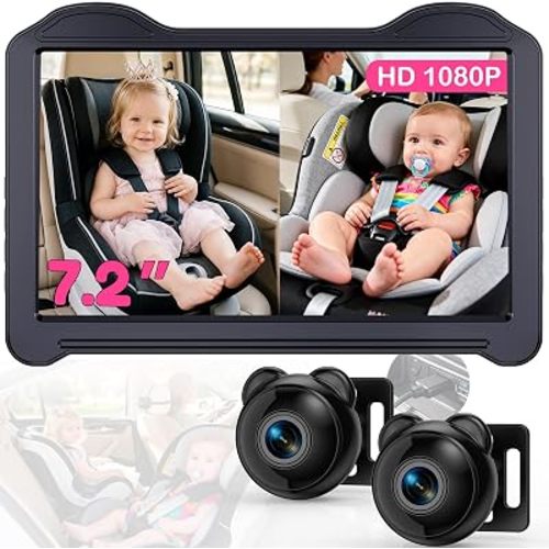 Dual 1080P Baby Car Camera for 2 Kids - 7.2'' Split Screen Monitor for Twins & Sibling, HD Day & Night Vision Car Seat Camera Delivering Clear Face & Body View on Road Trip & Daily Commutes
