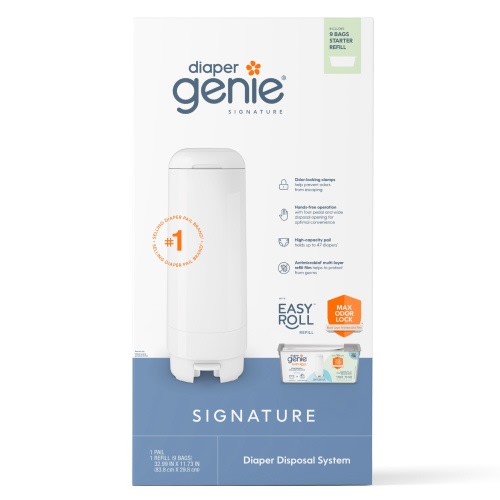 Diaper Genie Signature Pail, White, 1 Diaper Pail, 1 Easy Roll Refill 9 Bags, Infant