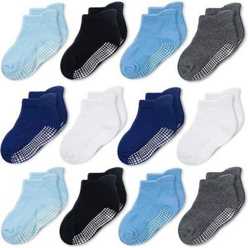 Cozyway Non-Slip Ankle Style Socks with Grippers, 12 Pack for Baby Boys and Girls, 6-12 Months - Blue/Black/White/Gray