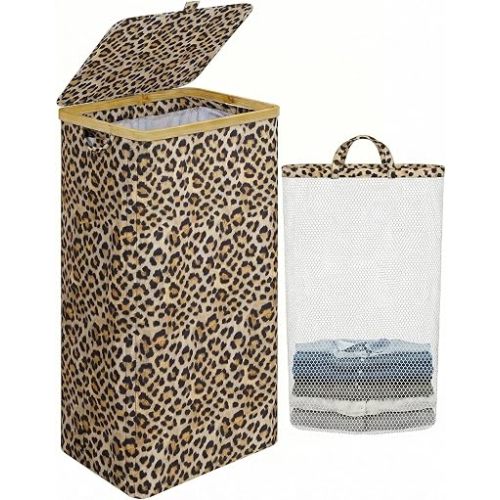 IEGrow Laundry Hamper with Lid,110L Laundry Basket with Bag,Leopard Print