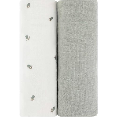 Ely's & Co. Muslin Swaddle Blanket 2-Pack — 100% Cotton Muslin Extra-Large Swaddle Blankets (47” x 47”) Solid + Printed (Sage Pear)